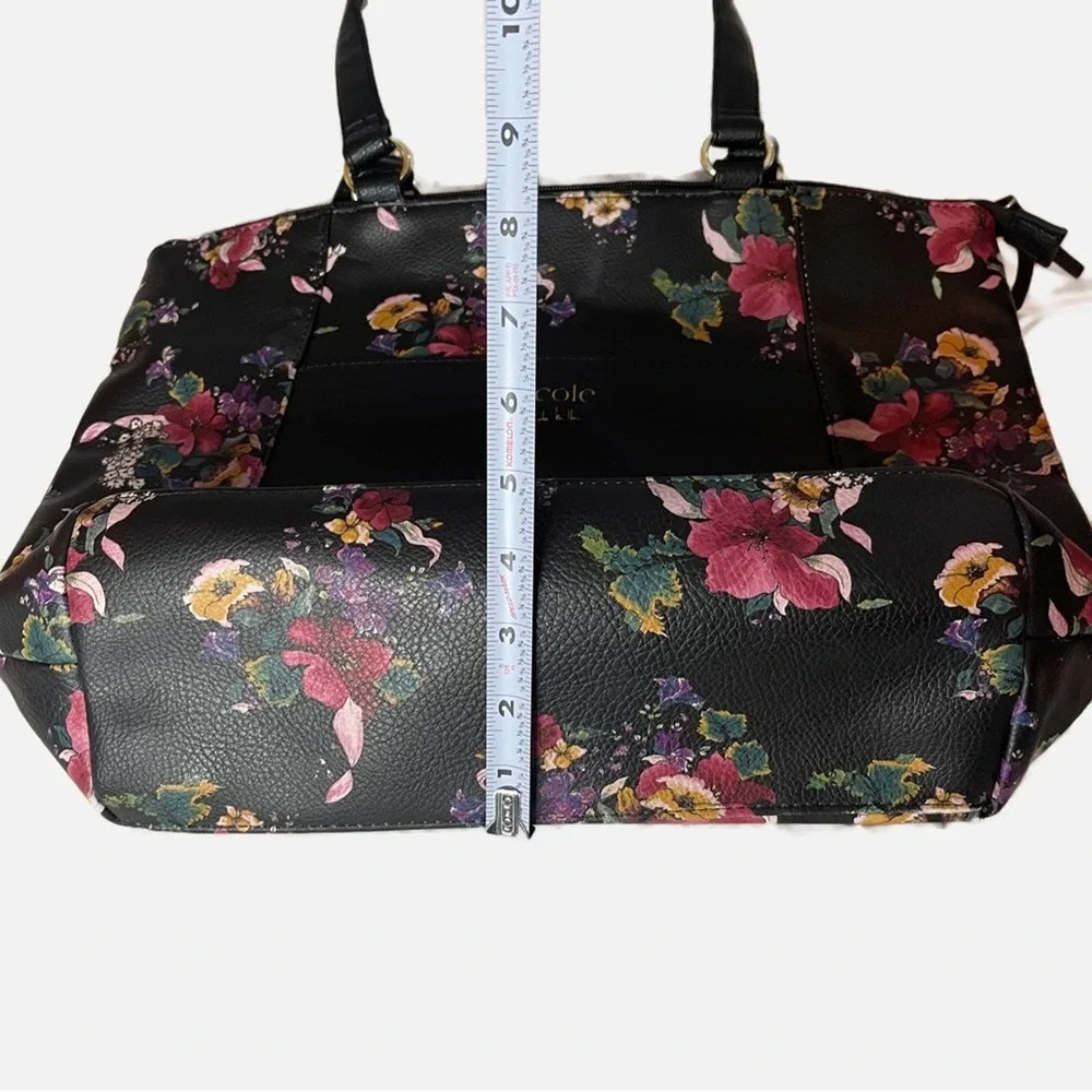Nicole by Nicole Miller black flower satchel tote bag faux leather gold accents - Picture 5 of 8